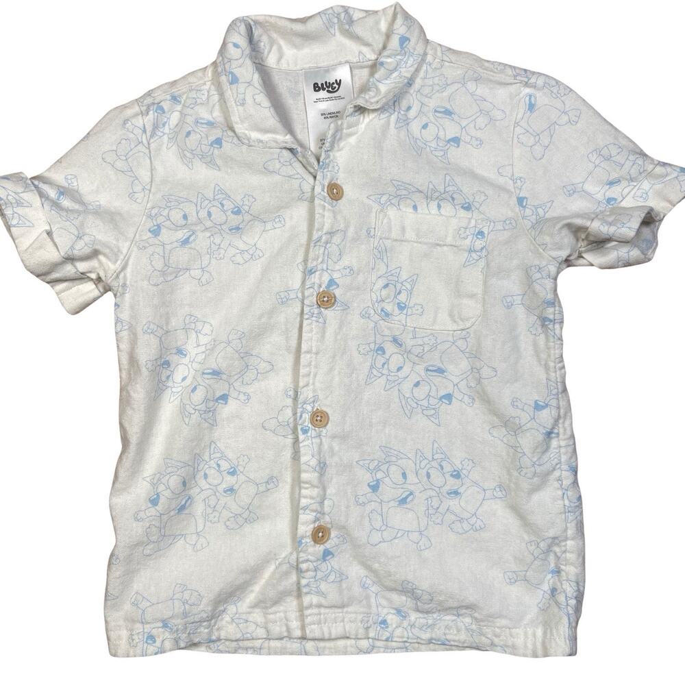 BLUEY Button Up Shirt Boys Size 4T Linen Blend Overall Bluey Print Pocket Cuff